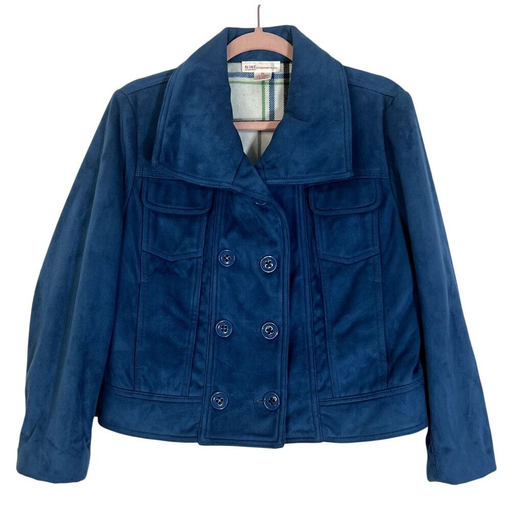 Nine West Blue Teal Velvet Cropped Button Up Oversized 4 Pockets Jacket Size PL